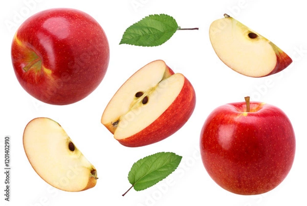Fototapeta red apple (Envy Apple), half, slice and leaves isolated, fresh red apple, transparent PNG, PNG format, collection