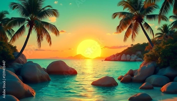 Fototapeta Stunning sunset over a tropical beach with palm trees and large rocks.