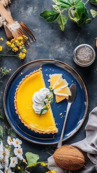Fototapeta Hyper-quality professionnal photography, ultra detailed, Coconut Cream Pie with tropical coconut filling and smooth whipped cream topping, presented on a rustic blue plate, creamy