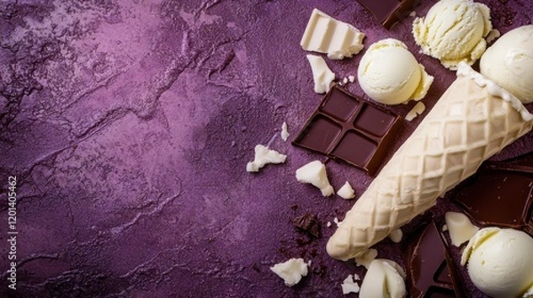 Fototapeta Hyper-quality professionnal photography, ultra detailed, White Chocolate Gelato with rich white chocolate flavor and velvety texture, presented on a rustic purple surface