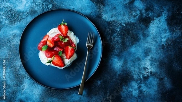 Fototapeta Hyper-quality professionnal photography, ultra detailed, Strawberry Gelato with fresh strawberry flavor and smooth texture, styled on a chic blue plate, fruity and refreshing high resolution