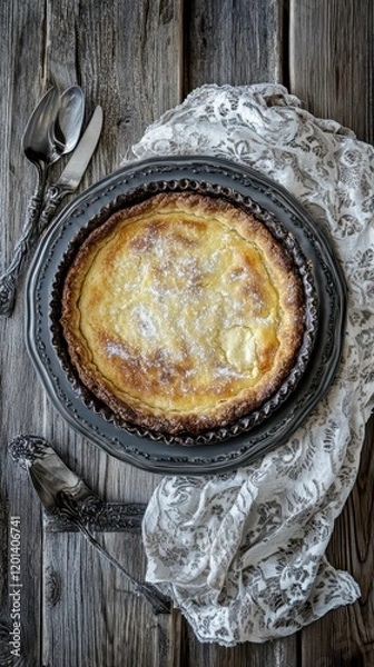 Fototapeta Key Lime Cheesecake Pie with tangy key lime and creamy cheesecake filling, served on a chic gray plate, smooth and zesty Hyper-quality professionnal photography, ultra detailed, high resolution