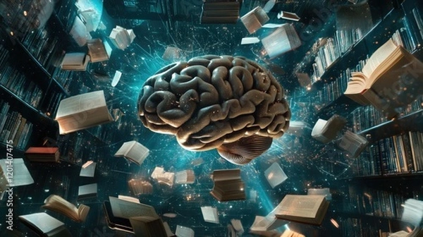 Fototapeta A Human Brain Surrounded By Floating Books In A Library