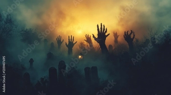 Fototapeta A terrifying scene of multiple zombie hands emerging from graves in a spooky cemetery, shrouded in dense fog and dim lantern light.