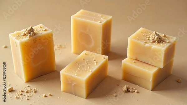 Obraz Beautiful pieces of natural organic handmade soap and ingredients on beige background, top view
