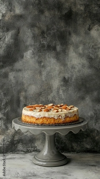 Fototapeta Nutty Almond Sponge Cake with toasted almond slices, captured on a sleek gray ceramic stand, rich and flavorful Hyper-quality professionnal photography, ultra detailed, high resolution