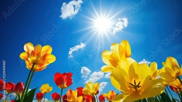 Fototapeta A vibrant tulip field in spring, with yellow and red blooms swaying gently in the breeze under a radiant blue sky