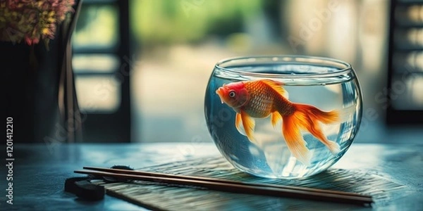Obraz Goldfish Swimming in a Bowl on a Table