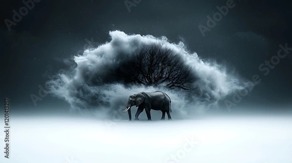 Fototapeta Elephant walking under cloudy tree, night scene, surreal art, conservation