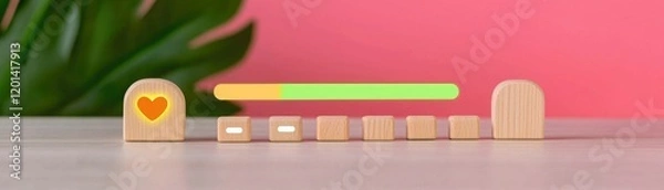 Fototapeta A colorful wooden toy displaying a heart icon and a progress bar, set against a vibrant pink background, symbolizing play and learning.