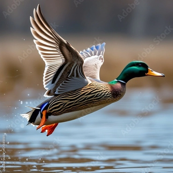 Fototapeta A brown drake with iridescent feathers swims gracefully through the calm water of the lake, enjoying the tranquility of nature