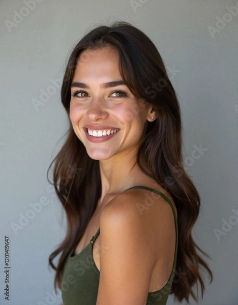 Fototapeta A beautiful young woman with long hair smiles in profile against a soft background, exemplifying confidence and natural beauty in an editorial style perfect for fashion shoots.