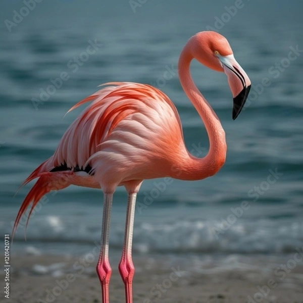 Fototapeta A flock of graceful pink flamingos with long necks and elegant feathers stand majestically in a tropical lake, showcasing the beauty of wildlife in nature