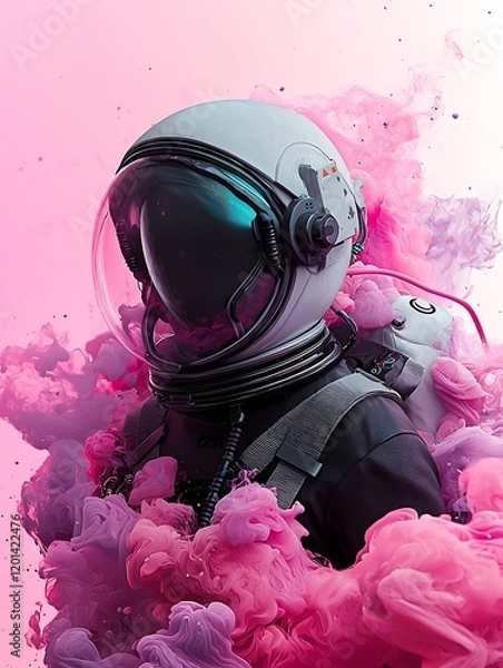 Fototapeta Astronaut in pink smoke, space exploration, vibrant background, futuristic art, ideal for sci-fi
