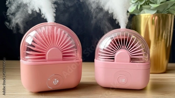 Obraz Two pink mini humidifiers with visible fans and steam.