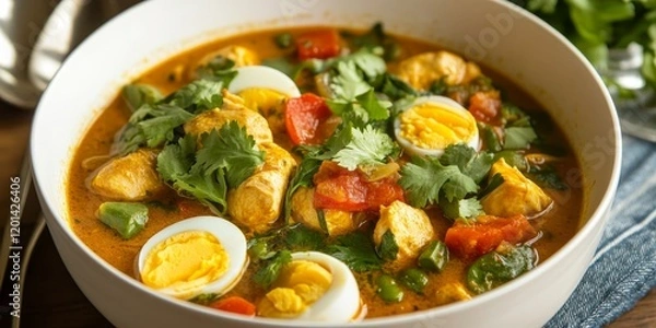 Fototapeta Vegetable and egg curry flavored soup with chicken offers a delicious combination. Enjoy the rich and savory taste of curry in this nourishing soup filled with vegetables and protein.