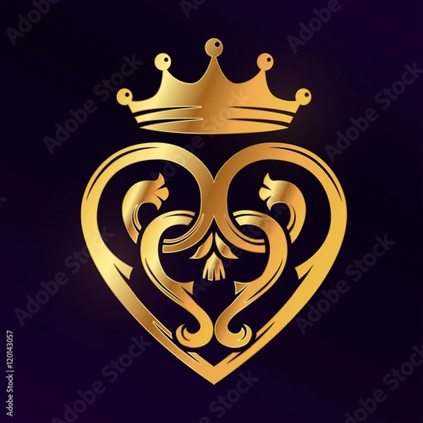 Obraz Golden Luckenbooth brooch vector design element. Vintage Scottish heart shape with crown and thistle symbol logo concept. Valentine day or wedding illustration on dark background