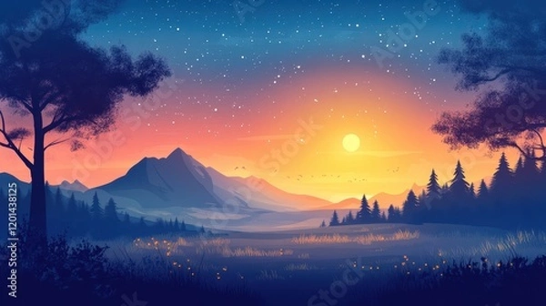 Fototapeta Serene Sunset Over Mountain Range And Trees