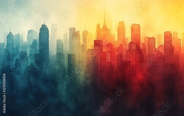 Fototapeta City skyline split by contrasting colors, cool tones on left, warm on right, depicting duality or contrast.