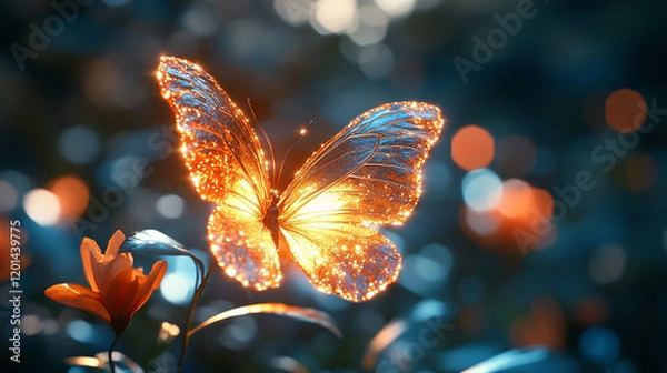 Fototapeta A stunning close-up shot of a glowing butterfly, its wings illuminated against a blurred bokeh backdrop, evoking feelings of wonder and beauty.