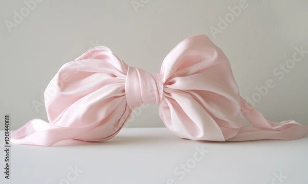 Fototapeta A pink ribbon with an oversized artificial bow knotted on top of a white surface, pink ribbon, white surface, textile feature, oversized bow, whimsical decor