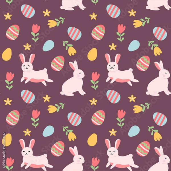 Fototapeta Easter celebration pattern with bunnies and colorful eggs for festive design.