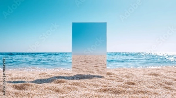 Fototapeta Mirror reflecting sky and ocean on sandy beach under clear sunlight, minimalistic abstract composition with natural colors and textures