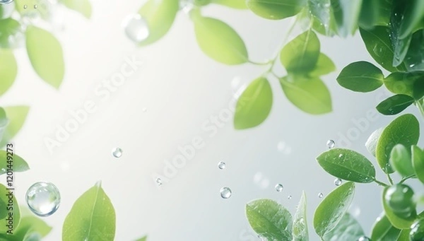 Fototapeta Fresh Green Leaves with Dew Drops: Nature's Purity, Vibrant Life, Sparkling Cleanliness,  Tranquil Serenity,  Refreshing Hydration.