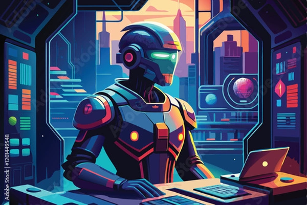 Fototapeta A futuristic robot working on a computer desk overlooking a city skyline vector illustration