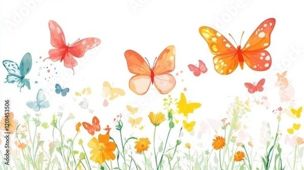 Fototapeta Colorful butterflies fluttering over a vibrant flower garden in springtime