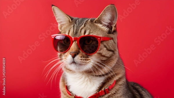Obraz Cat wearing red sunglasses poses against a bright red background in a playful setting