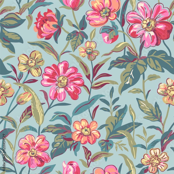 Fototapeta A Beautiful and Vibrant Floral Pattern Set Against a Soft and Calming Blue Background