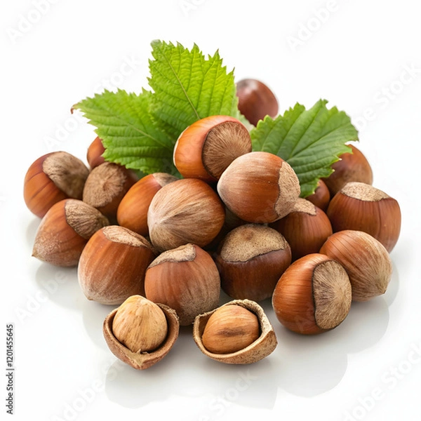 Fototapeta A pile of fresh hazelnuts, showcasing their brown, textured shells, isolated on a white background