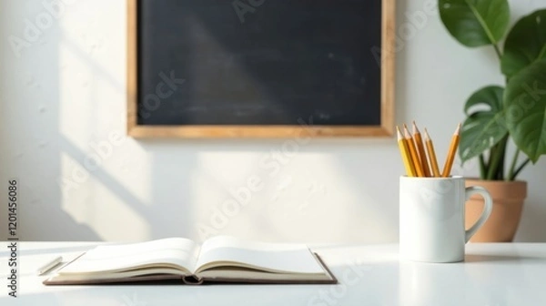 Fototapeta Sunlit Workspace Open Notebook, Pencils in Mug, and Blackboard