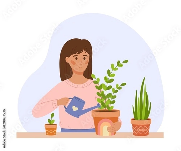 Obraz Woman is watering plant. Female character is taking care of plants. 
