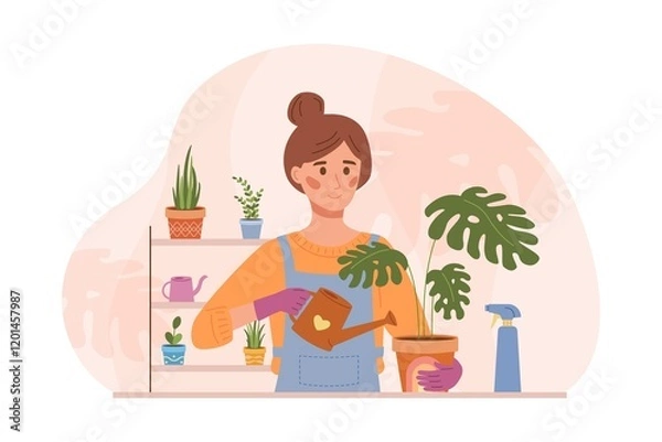 Obraz Woman is watering plant. Female character is taking care of plants. 