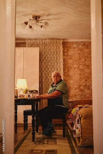 Fototapeta Portrait of a gray-haired grandfather celebrating a family holiday with his relatives in a cozy atmosphere