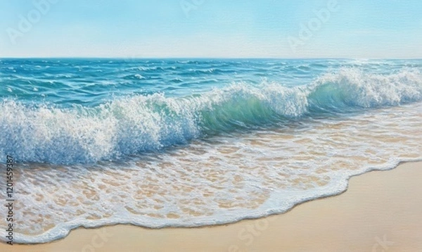 Fototapeta A serene ocean wave gently lapping at the fine sandy beach with soft blue hues and subtle foam crests., serene landscape, gentle ocean waves