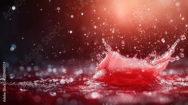 Fototapeta This striking image captures the moment a vibrant red liquid splashes, creating an enchanting visual effect filled with droplets and an artistic sense of motion and flow.