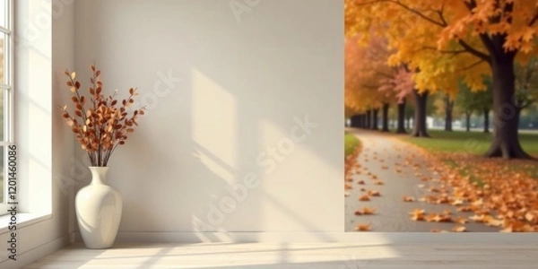 Fototapeta Autumnal interior design scene featuring a simple white vase with dried foliage, next to a wall showcasing a blurred autumnal landscape image.