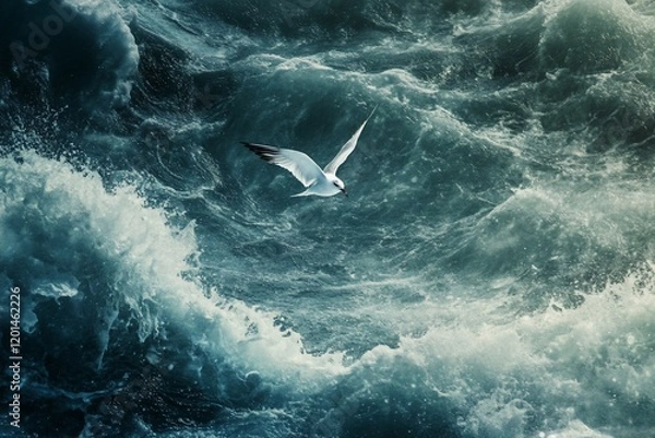 Fototapeta A lone seagull soars above a turbulent ocean, its wings cutting through the powerful waves.