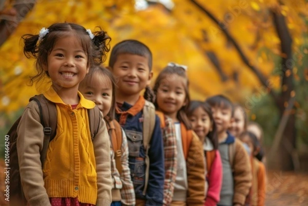 Fototapeta Diverse group of cheerful students wearing backpacks standing in line in autumn park