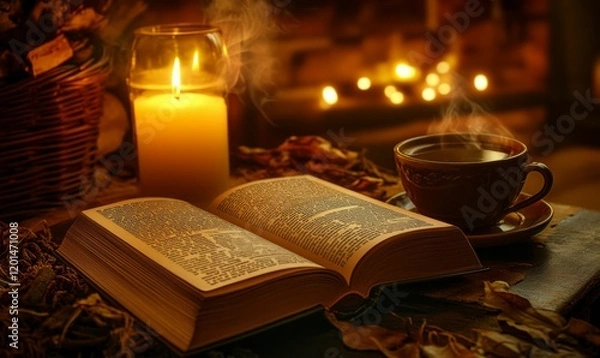 Fototapeta Book is open on a table with a cup of coffee next to it. The book is a novel and the coffee is a hot beverage. The scene is cozy and inviting, with the candlelight adding to the