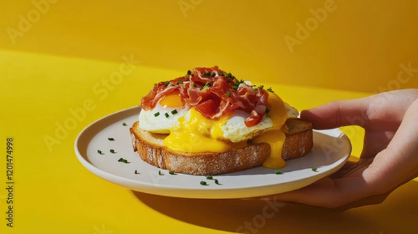 Fototapeta Breakfast, eggs benedict, eggs, fried eggs, bacon, cheese, junkie
