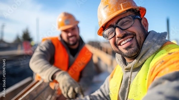 Fototapeta Workers expertly operate concrete pump for construction project on sunny day