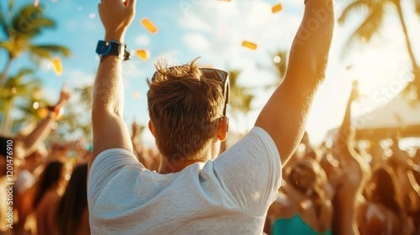 Fototapeta Vibrant beach bar vibes as young crowds dance to live DJ beats