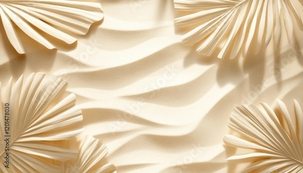 Obraz Beige textured background with cream paper palm leaves.