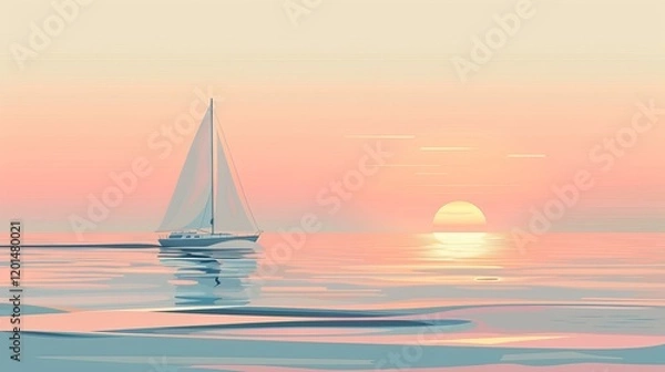 Fototapeta A serene sunset scene featuring a sailboat gliding across calm waters.