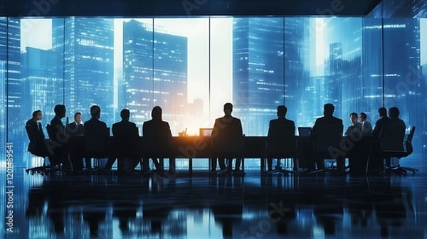 Fototapeta Silhouetted businesspeople in a meeting at night, overlooking a city skyline.
