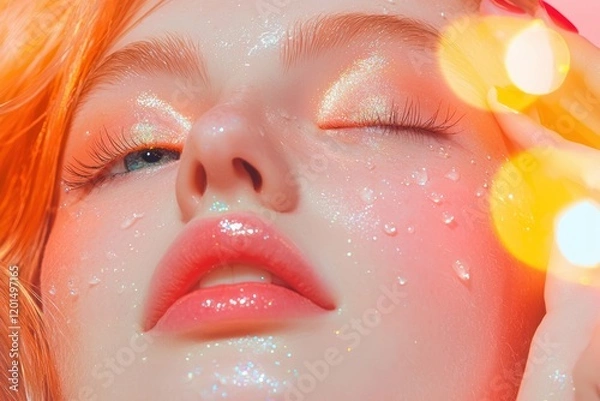 Fototapeta A close-up portrait of a person with glistening skin, vibrant makeup, and a dreamy expression, illuminated by soft, colorful lights.